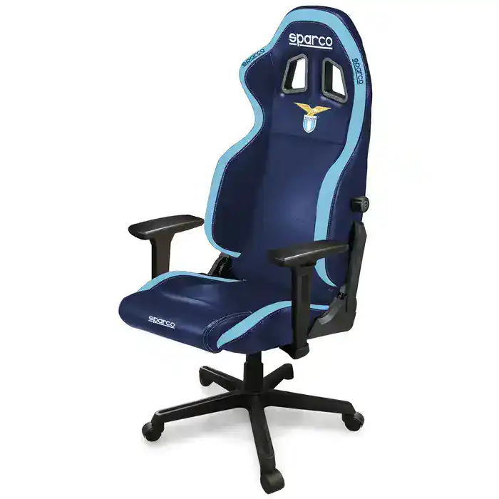 High-back racing gaming chair in blue with black accents, featuring ergonomic design and adjustable armrests, ideal for motorsport enthusiasts and gamers.