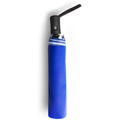 Blue compact umbrella with black handle and wrist strap, ideal for racing events and outdoor activities.