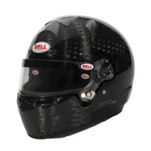 Bell racing helmet with carbon fibre finish, designed for motorsport safety and performance, ideal for professional and amateur racing enthusiasts.