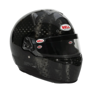 High-performance Bell racing helmet with carbon fibre finish, designed for motorsport safety and style, ideal for racewear enthusiasts and professional drivers.