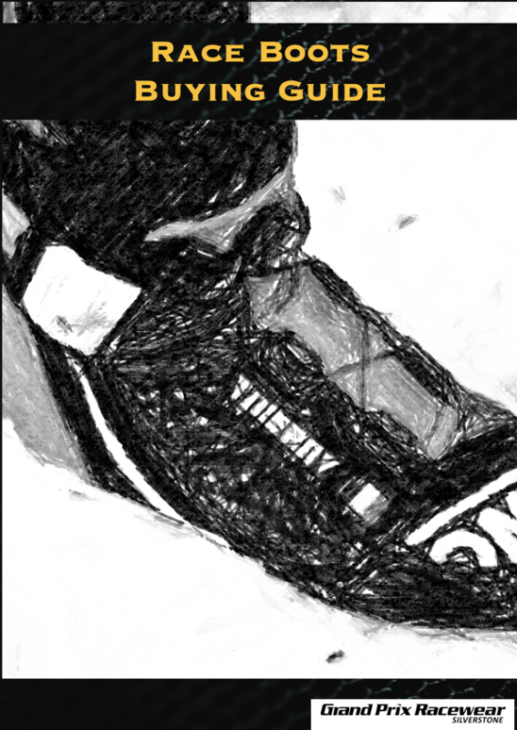 The cover image of a buying guide for race wear, showing an OMP branded racing boot