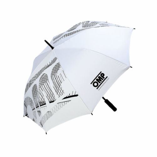 OMP Grand Prix Racewear umbrella with black and white design and logo, ideal for motorsport events and outdoor use.