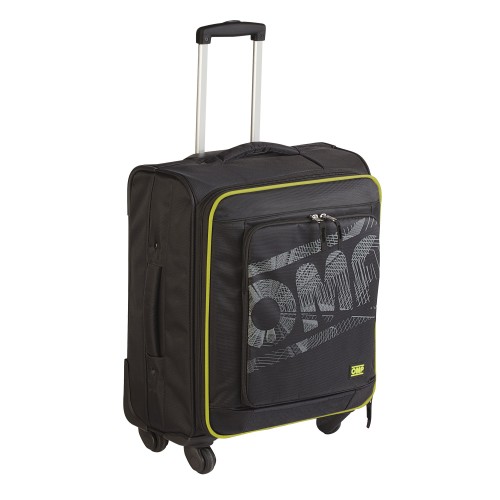 A wheeled OMP-branded racing suitcase