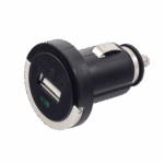 USB car charger with dual ports, black and silver design, suitable for charging devices on the go, compatible with various smartphones and tablets, ideal for motorsport enthusiasts and racewear users.