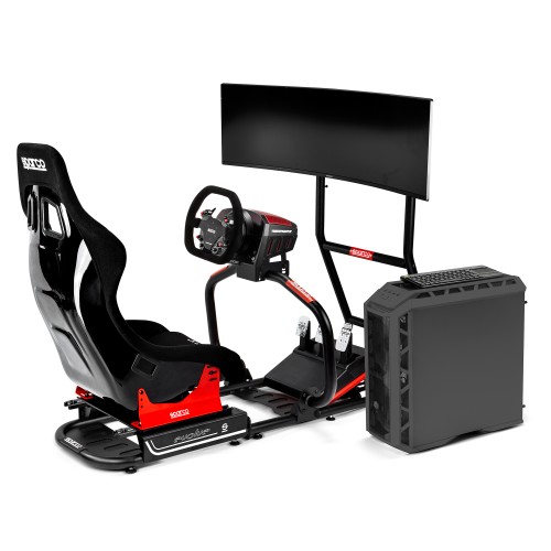 A SIM racing set up, with race seat, pedals, steering wheel, monitor and computer