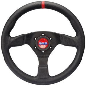 Sparco R383 Champion Steering Wheel for racing cars, featuring a black grip and red centre stripe, designed for high-performance motorsport applications.
