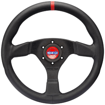 Sparco R383 Champion Steering Wheel for racing cars, featuring a black grip and red centre stripe, designed for high-performance motorsport applications.