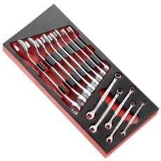 Set of professional ratchet wrenches in a red and black tool case, ideal for automotive and mechanical repairs, from Grand Prix Racewear.