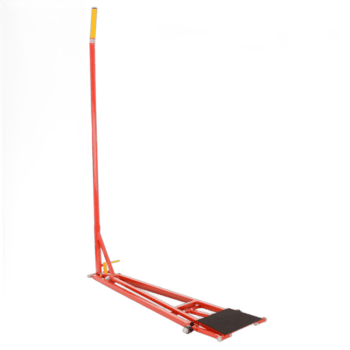 Red quick lift jack with safety lock for track saloon cars, used in motorsport racing.