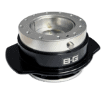 B-G Racing quick release steering wheel hub for race cars, made of durable metal with a black base and silver top, designed for easy wheel removal.
