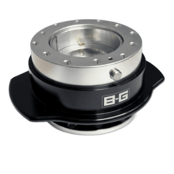 B-G Racing quick release steering wheel hub for race cars, made of durable metal with a black base and silver top, designed for easy wheel removal.