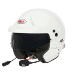 Bell MAG-10 Sport Rally Helmet in white with black visor and communication system for motorsport safety.
