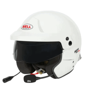Bell MAG-10 Sport Rally Helmet in white with black visor and communication system for motorsport safety.