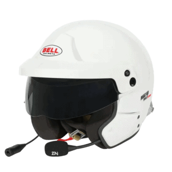 Bell MAG-10 Sport Rally Helmet in white with black visor and communication system for motorsport safety.