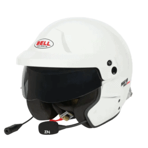 Bell MAG-10 Sport Rally Helmet in white with black visor and communication system for motorsport safety.