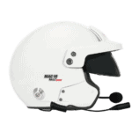 White Bell MAG-10 Sport Rally Helmet with black visor and communication microphone for motorsport safety.