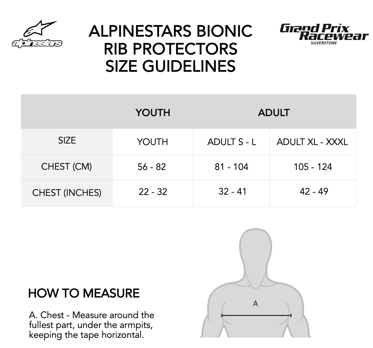 Size Guide for Alpinestars Bionic Rib Protectors available from www.gprdirect.com