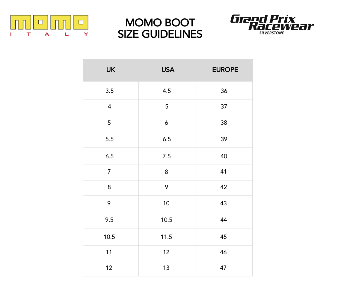 Size Guide for MOMO Race Boots available from www.gprdirect.com
