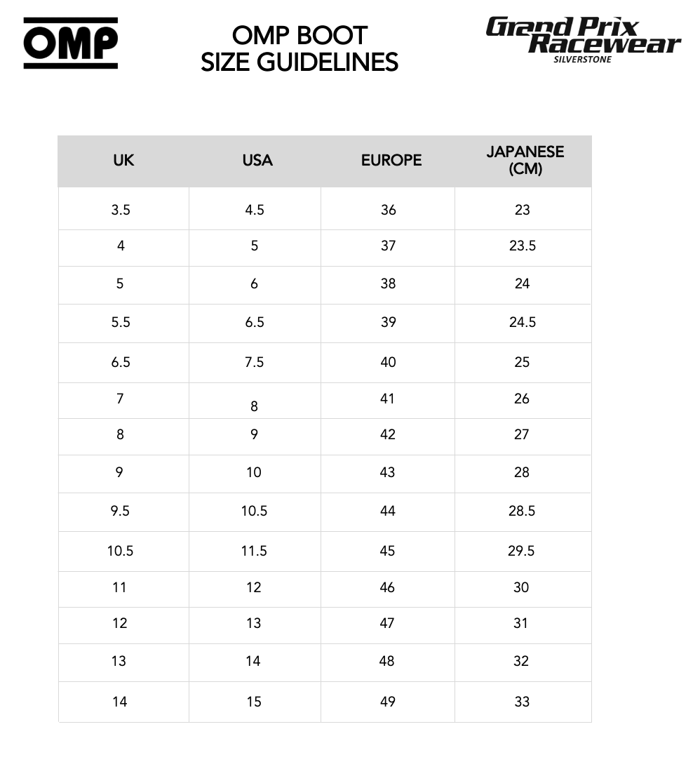 Size Guide for OMP Race Boots available from www.gprdirect.com