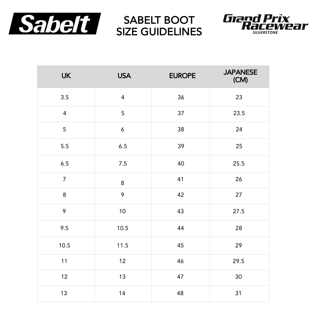 Size Guide for Sabelt Race Boots available from www.gprdirect.com