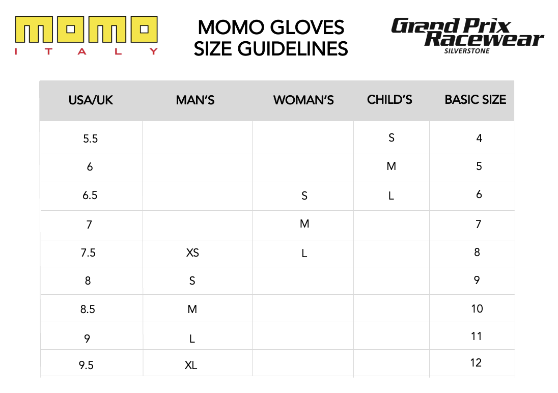 Size Guide for MOMO Race Gloves available from www.gprdirect.com
