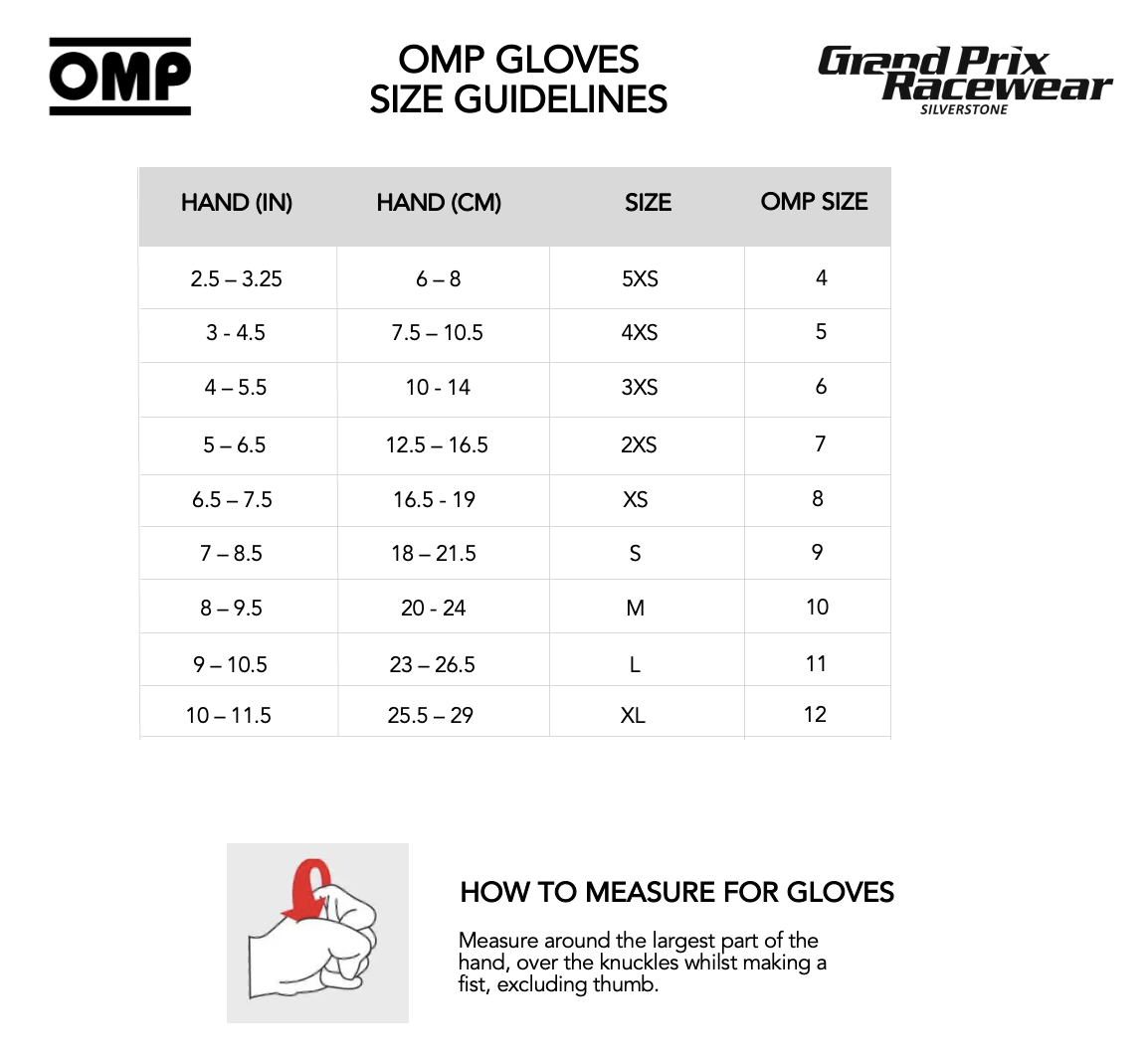 Size Guide for OMP Race Gloves available from www.gprdirect.com