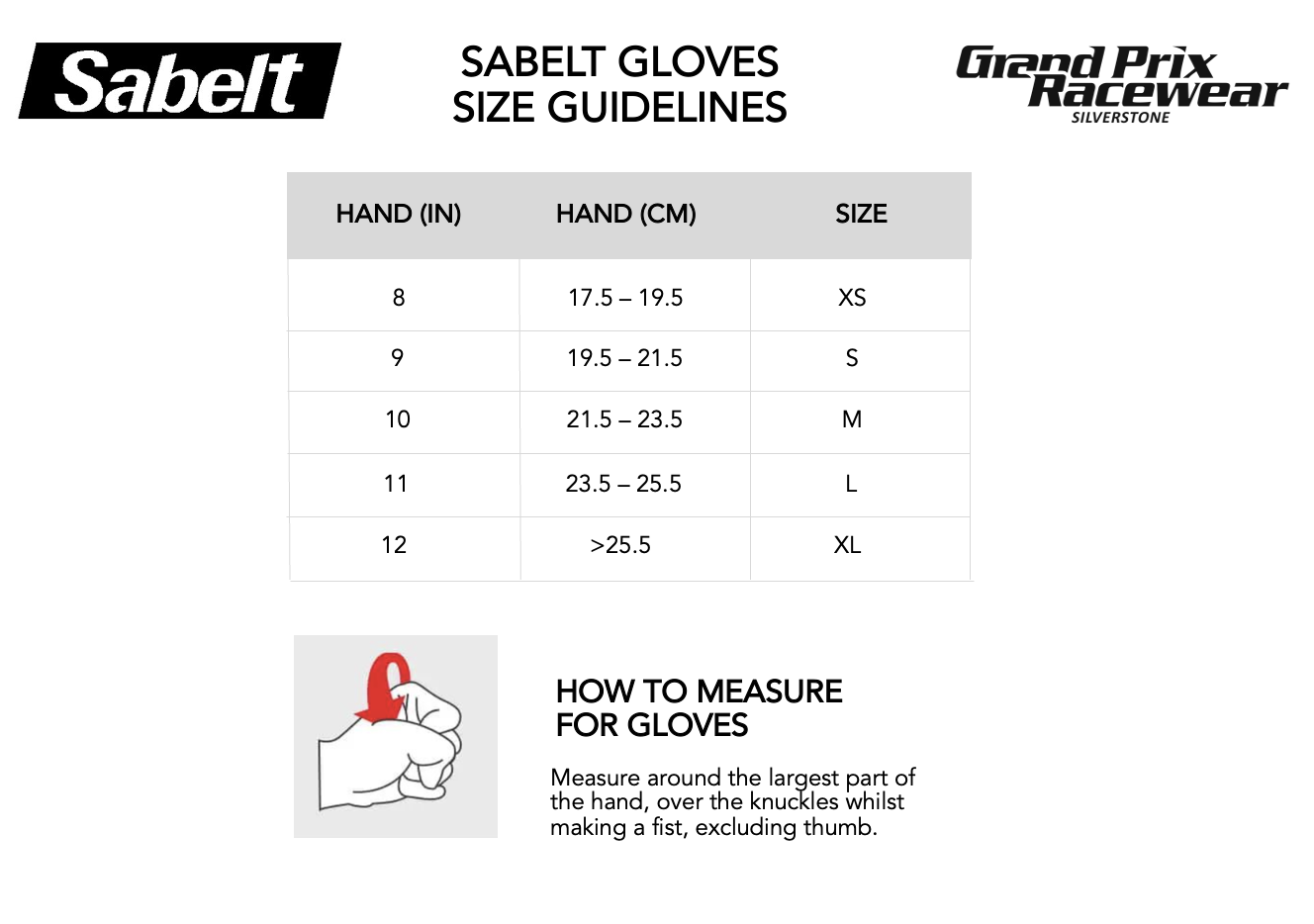 Size Guide for Sabelt Race Gloves available from www.gprdirect.com