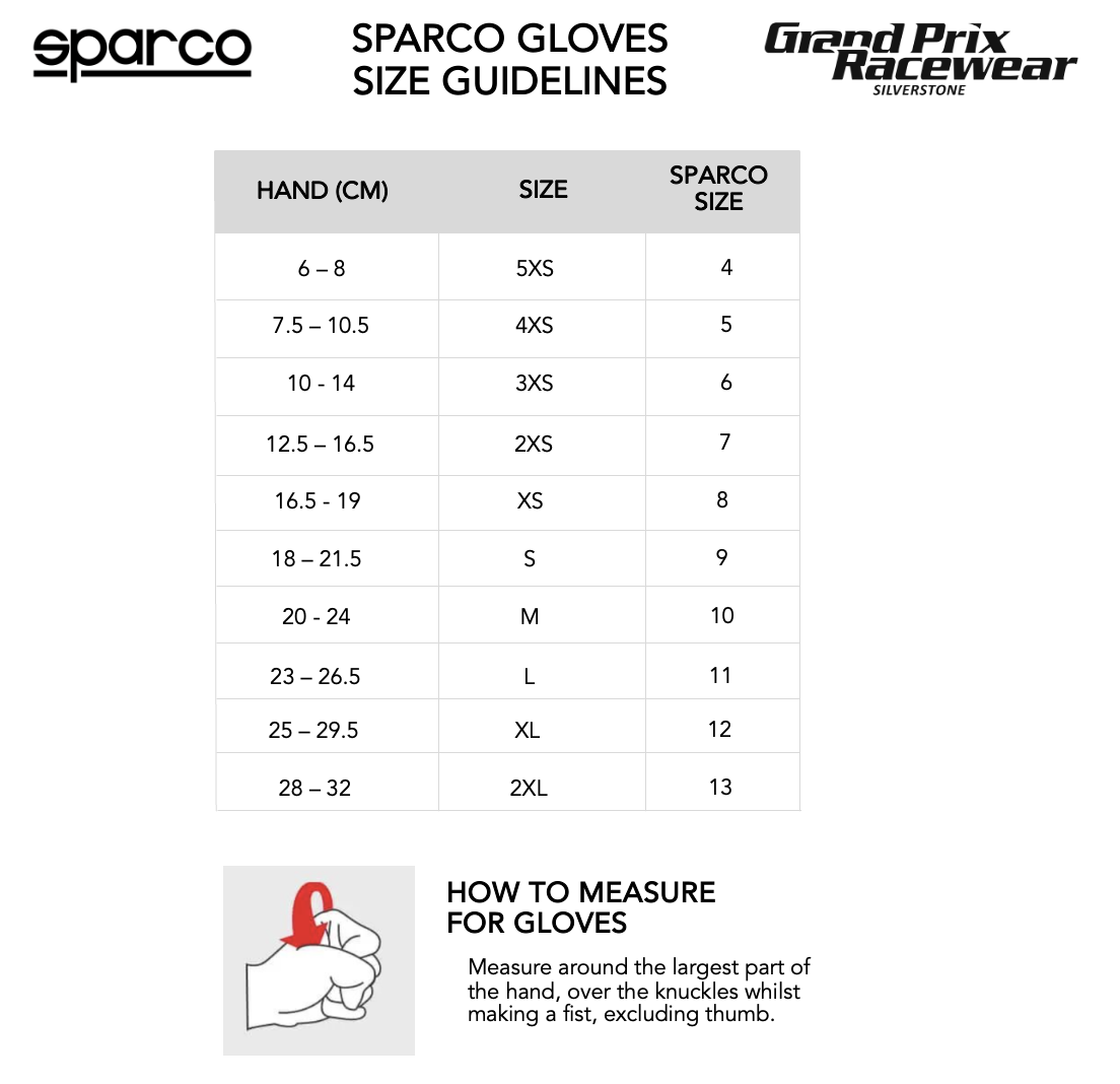 Size Guide for Sparco Race Gloves available from www.gprdirect.com