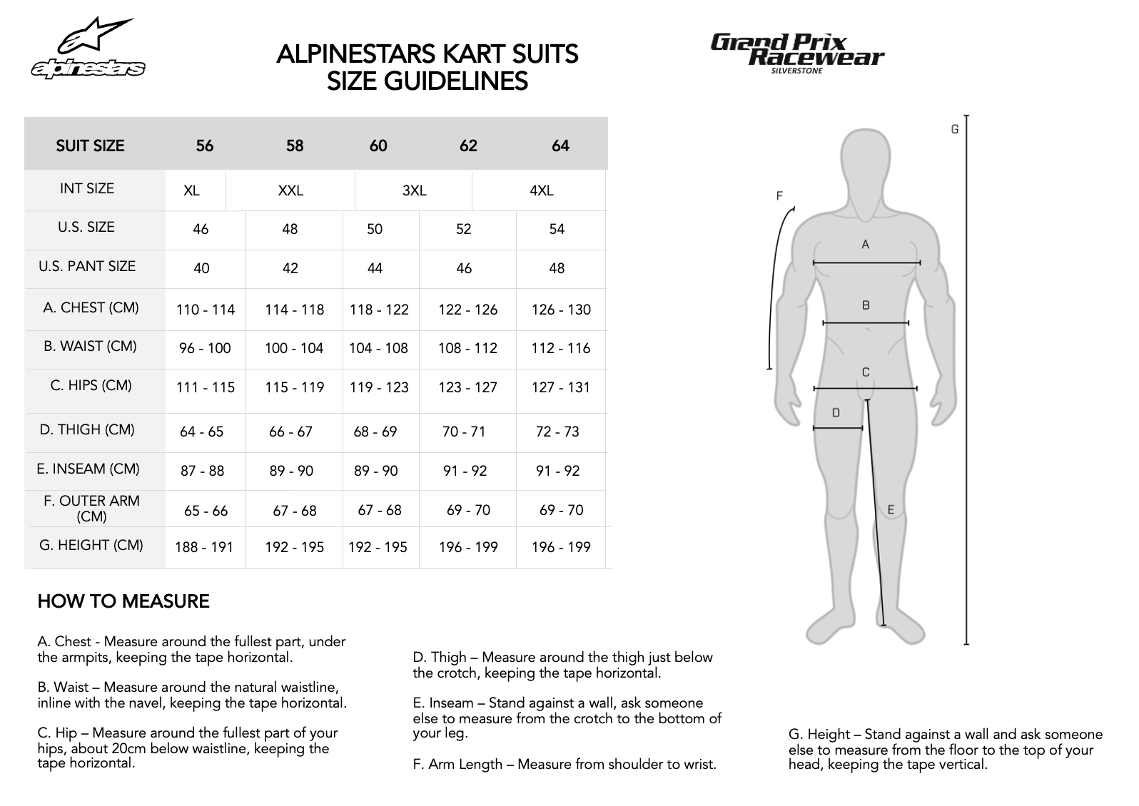 Size guide for Adult Alpinestars Kart Suits available from www.gprdirect.com