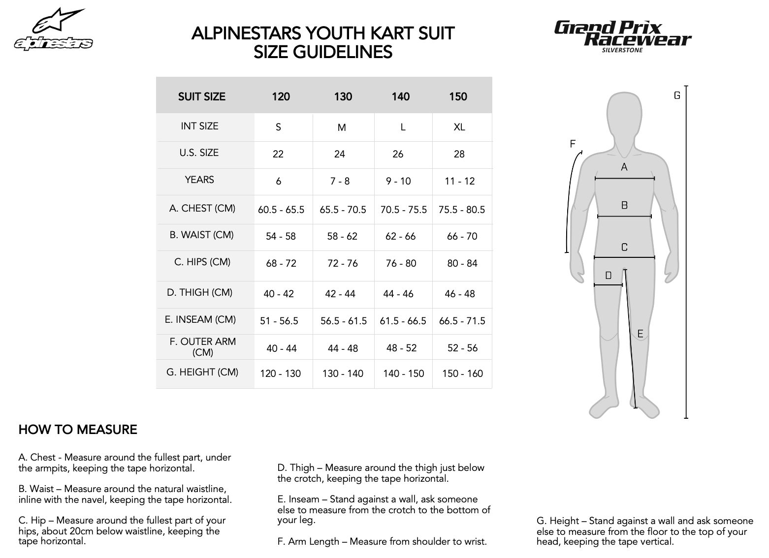 Size Guide for Alpinestars Youth Kart Suits available from www.gprdirect.com