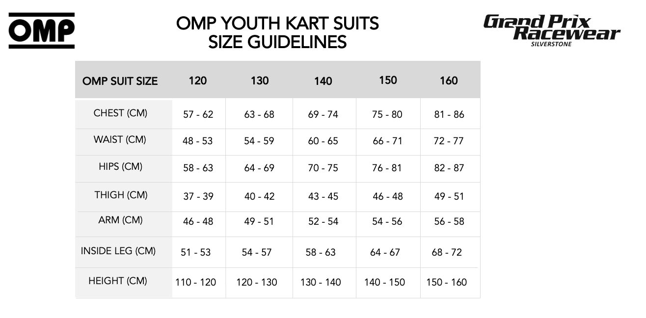 Size Guide for OMP Youth Kart Suits available from www.gprdirect.com
