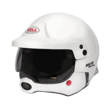 Bell MAG-10 PRO Rally Helmet in white with black visor, designed for rally racing safety and performance.