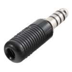 Close-up of a 3.5mm audio male connector, black plastic body with metal tip, used for audio devices and professional sound equipment.