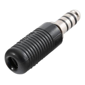 Close-up of a 3.5mm audio male connector, black plastic body with metal tip, used for audio devices and professional sound equipment.