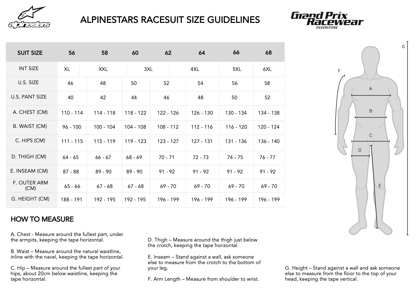 Size guide for Adult Alpinestars Race Suits available from www.gprdirect.com
