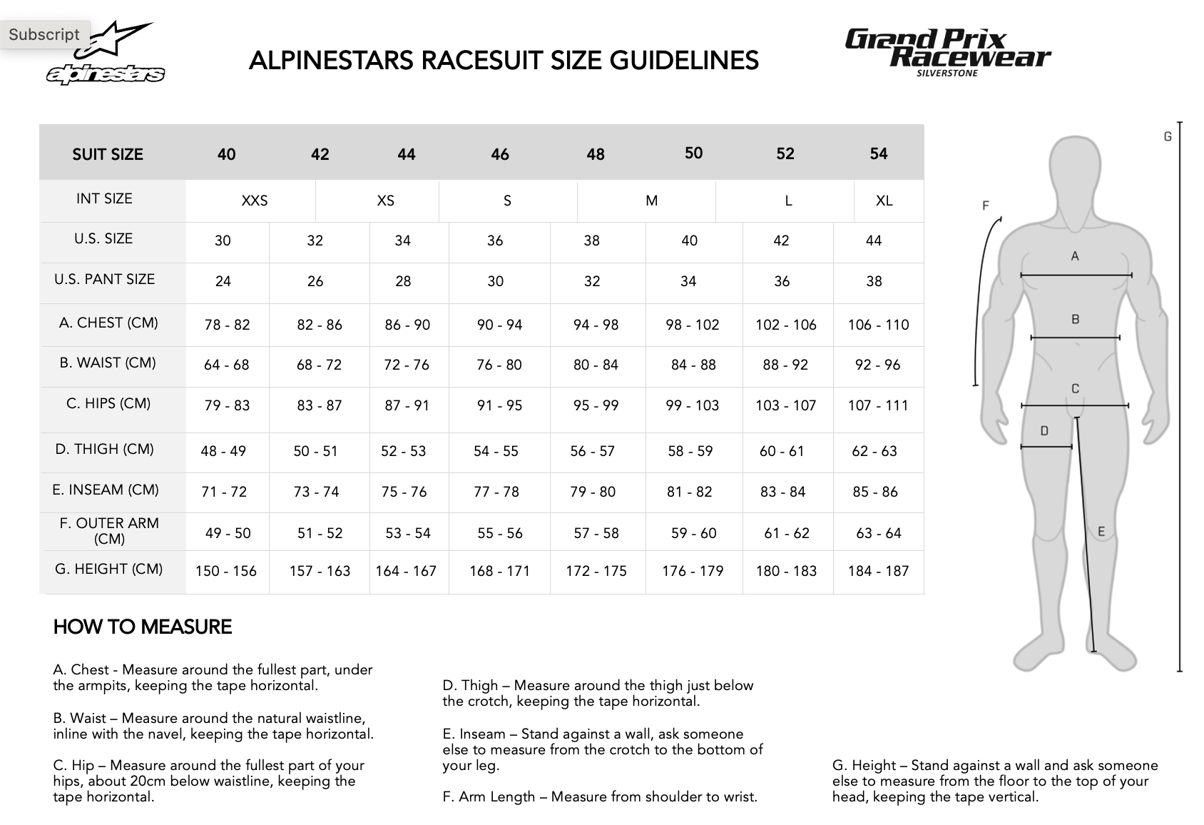 Size guide for Adult Alpinestars Race Suits available from www.gprdirect.com