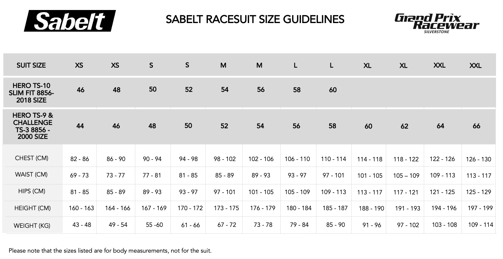 Size Guide for Sabelt Race Suits available from www.gprdirect.com