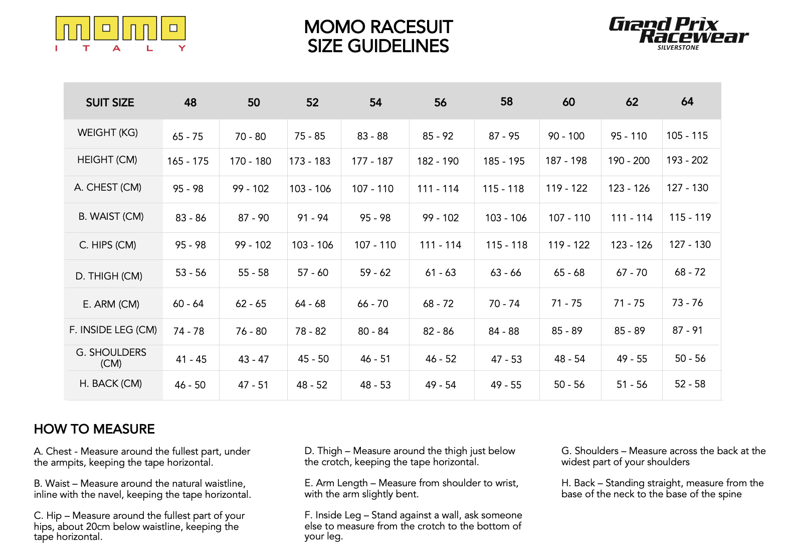 Size Guide for MOMO Race Suits available from www.gprdirect.com
