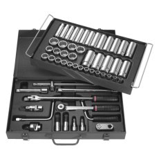 Set of professional socket wrenches and ratchets in a black toolbox, ideal for automotive and mechanical repairs, featuring various sizes and accessories for versatile use.