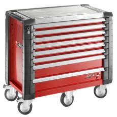 Red and grey mechanic tool chest with multiple drawers on wheels, used for storing tools and equipment in workshops and garages.