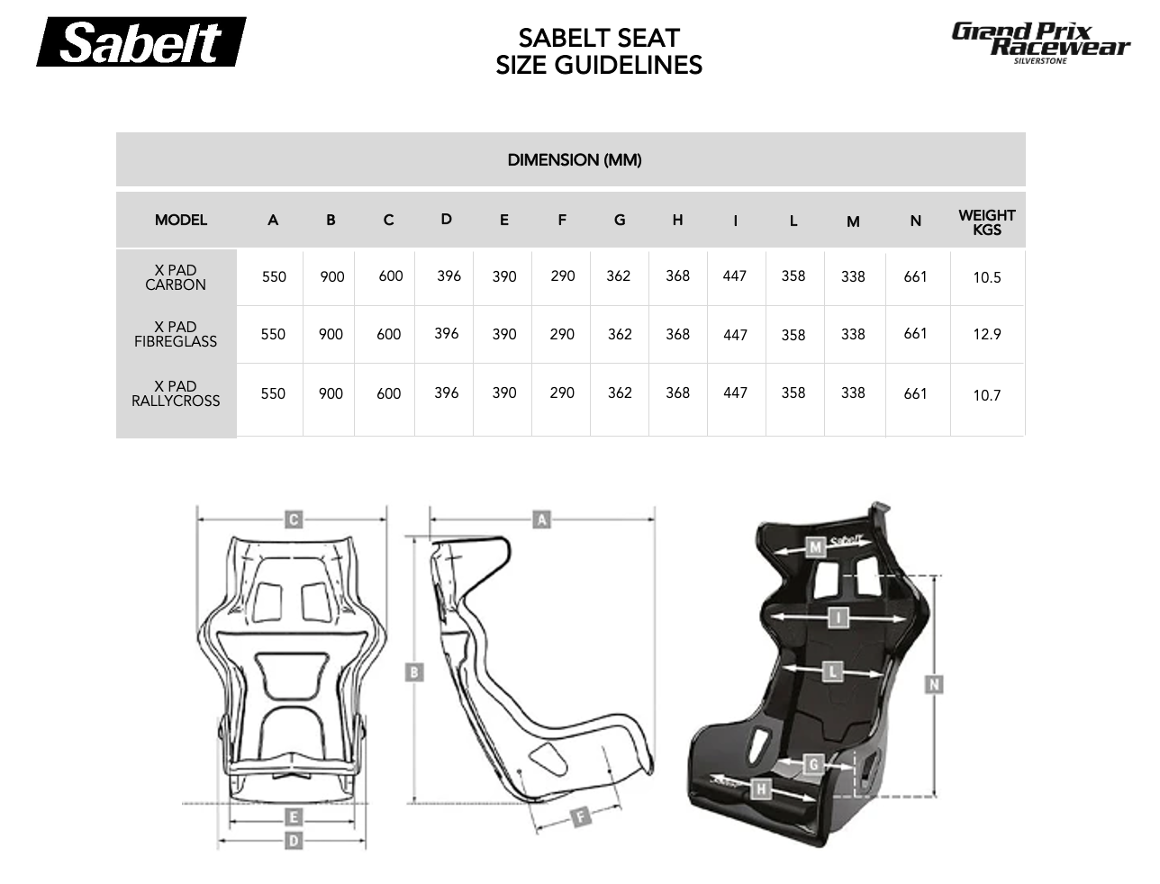 Size Guide for Sabelt Race Seats available from www.gprdirect.com