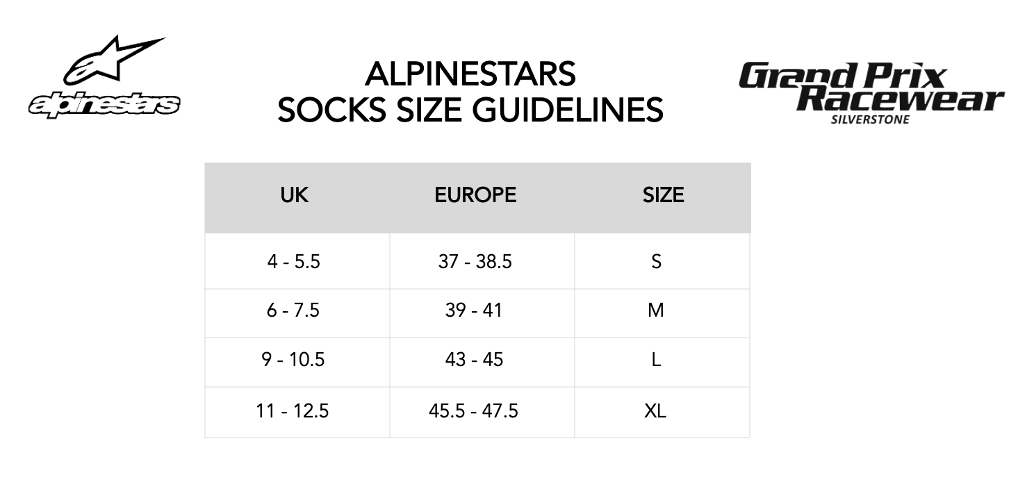 Size Guide for Alpinestars Race Socks available from www.gprdirect.com