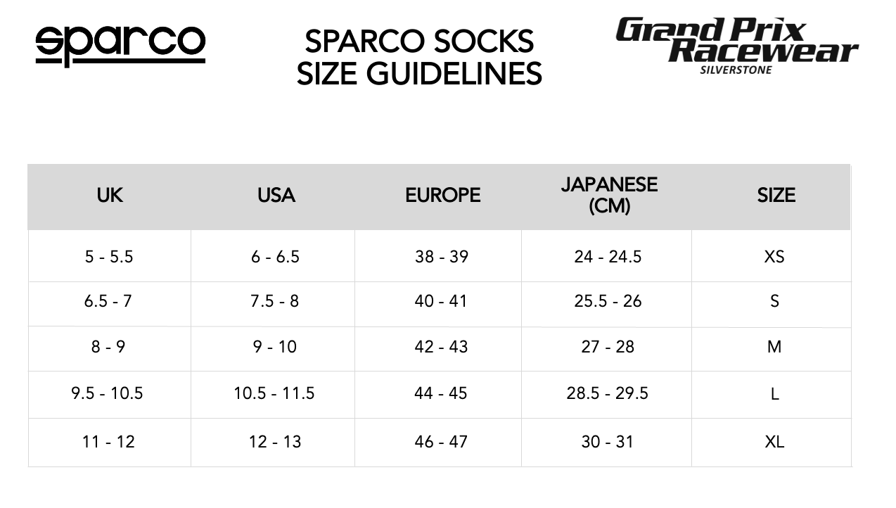 Size Guide for Sparco Race Socks available from www.gprdirect.com