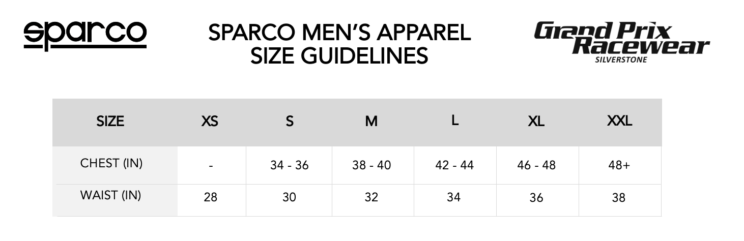 Size Guide for Sparco Mens Apparel available from www.gprdirect.com