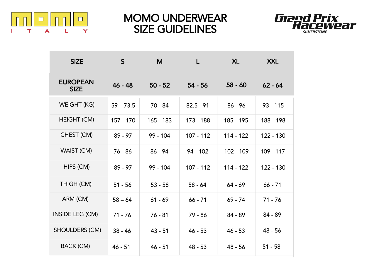 Size Guide for MOMO Race Underwear available from www.gprdirect.com