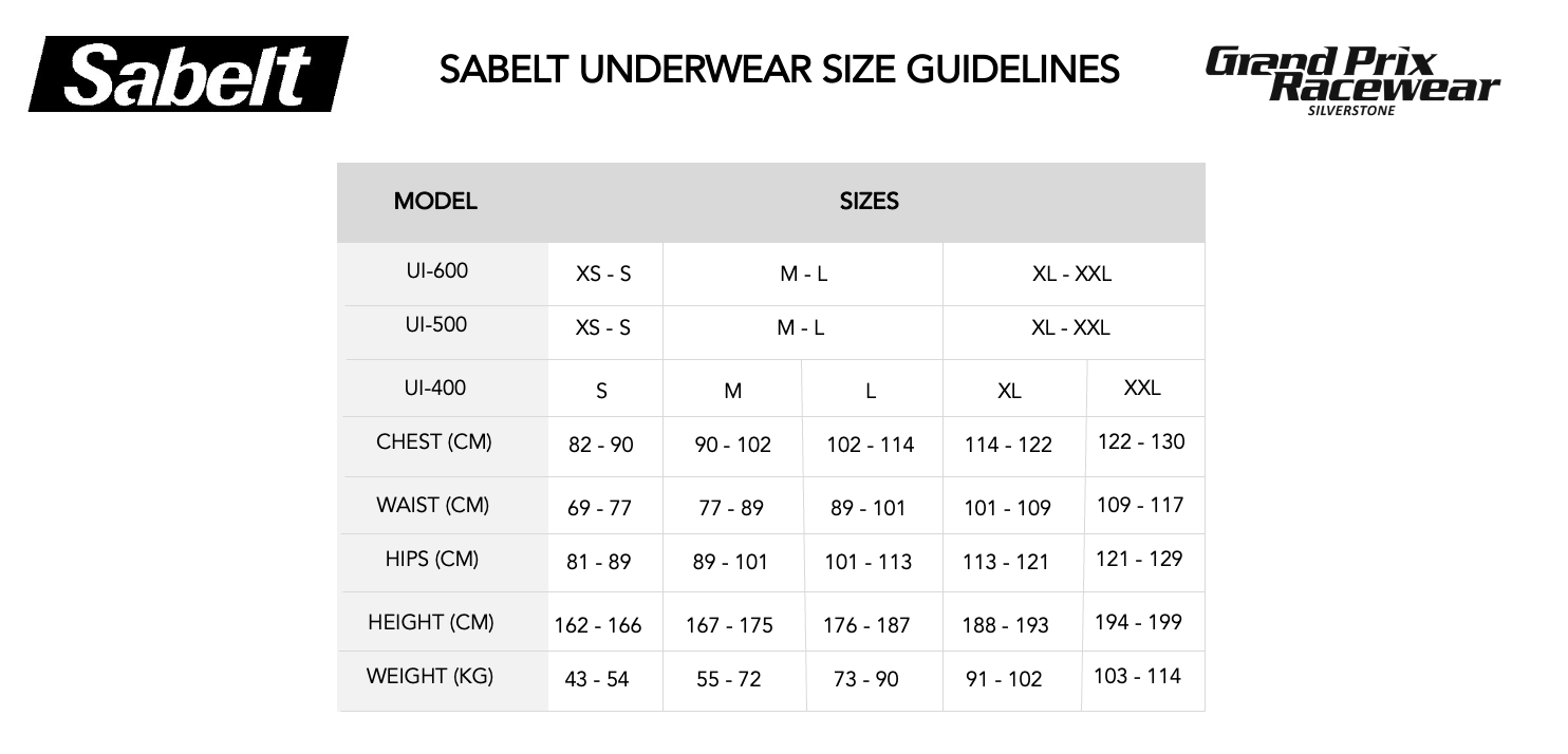Size Guide for Sabelt Race Underwear available from www.gprdirect.com