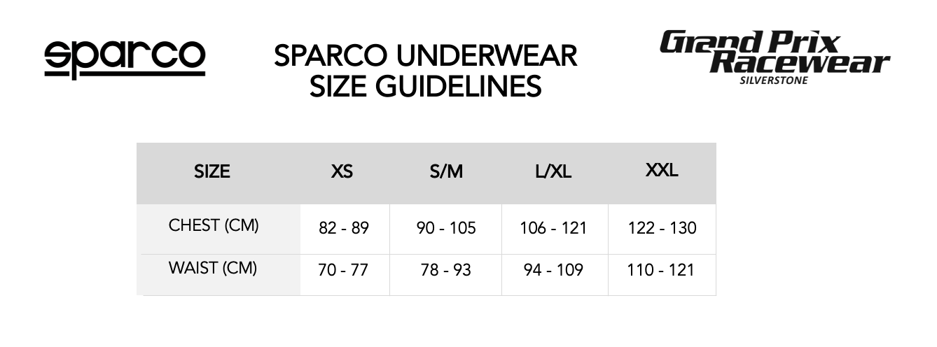 Size Guide for Sparco Race Underwear available from www.gprdirect.com