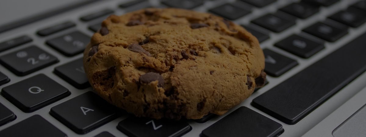 Close-up of a chocolate chip cookie resting on a laptop keyboard, highlighting a mix of chocolate chunks and cookie texture.
