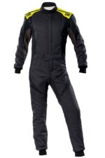 OMP First Evo Race Suit in black with yellow accents, designed for motorsport safety and performance.