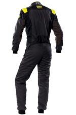 OMP First Evo Race Suit in black with yellow accents, designed for motorsport safety and performance.